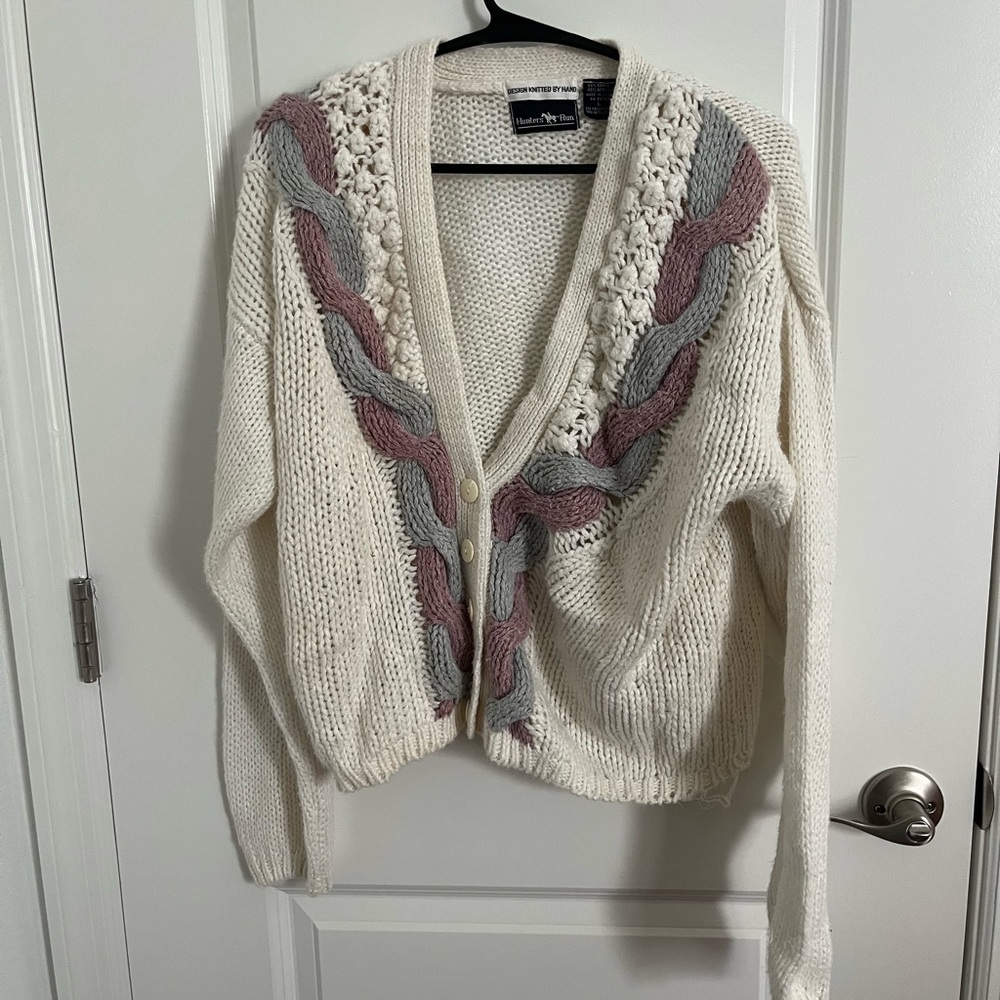 Vintage Cream Cardigan with Pink and Gray-ish Purple Design